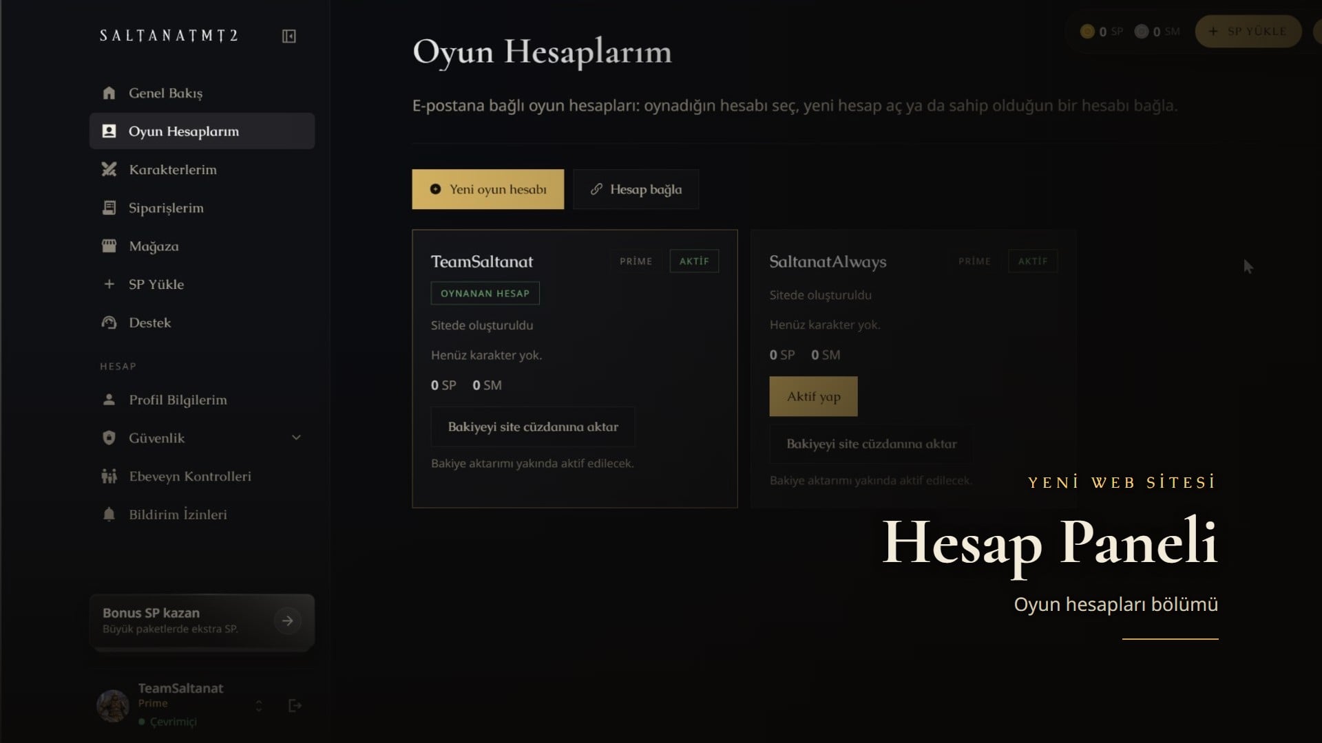 Hesap panelinde Oyun Hesaplarım bölümü