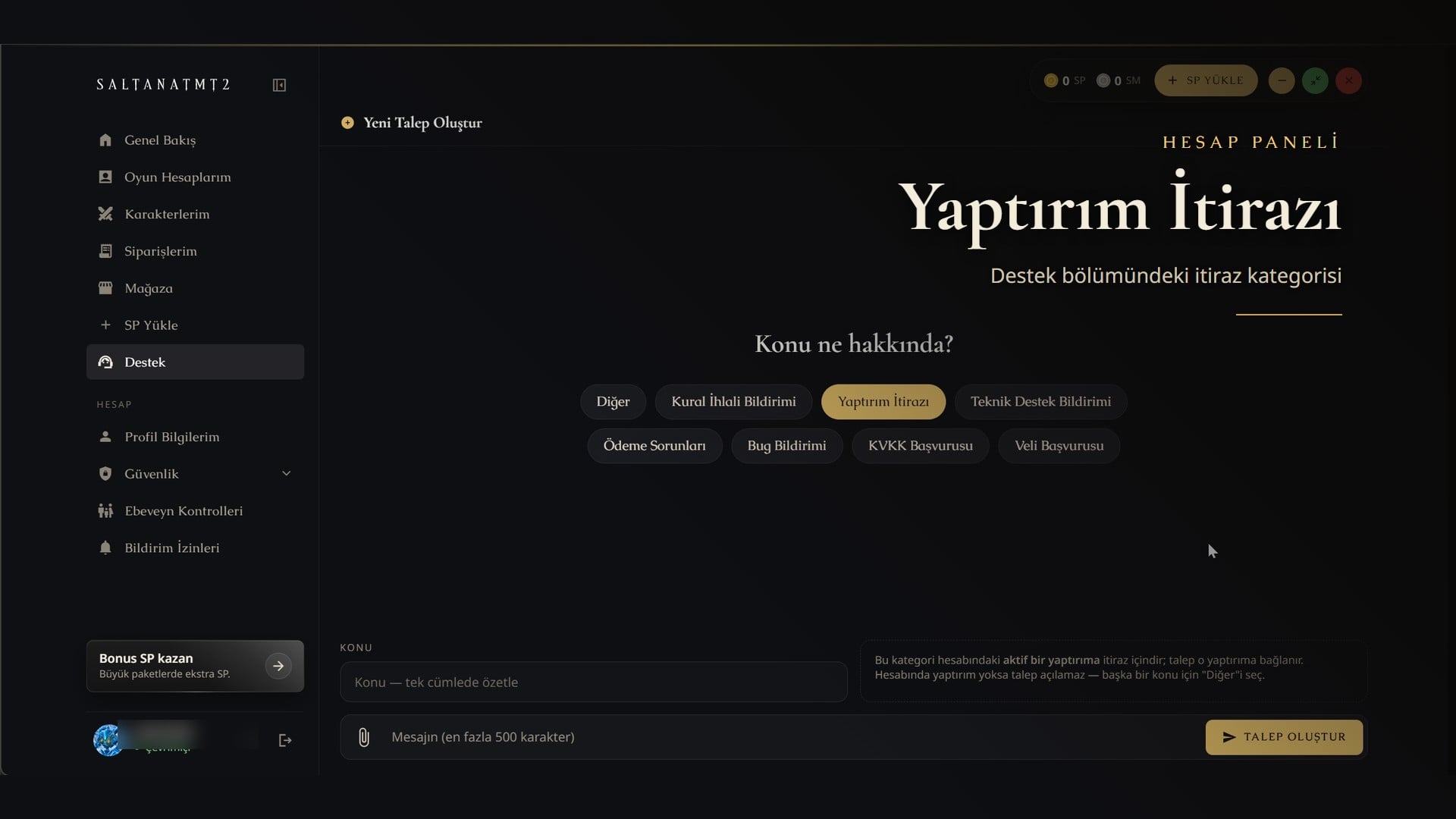 Hesap panelinde Destek bölümündeki Yaptırım İtirazı kategorisi