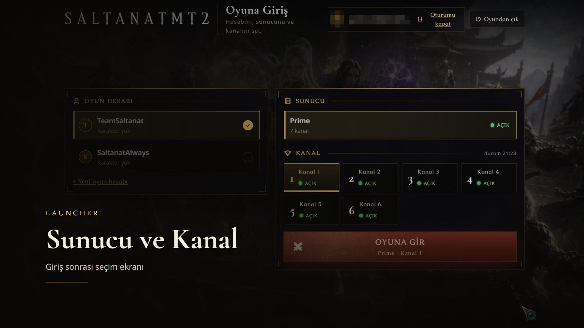 Oyun hesabı, sunucu ve kanal seçim ekranı
