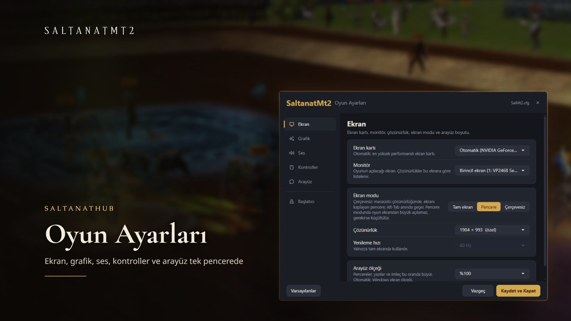 SaltanatHub'daki Oyun Ayarları penceresi: Ekran, Grafik, Ses, Kontroller, Arayüz ve Başlatıcı sekmeleri