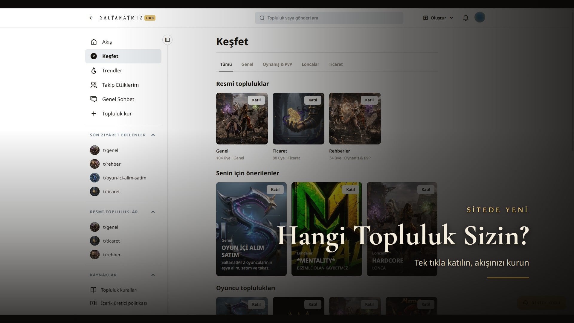 Sitedeki Topluluk Keşfet sayfası: resmî topluluklar ve öneriler